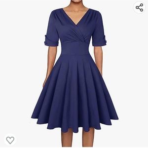 Vintage 1950s Retro Deep V Neck Half Sleeve Retro Cocktail Swing Dress Navy Blue